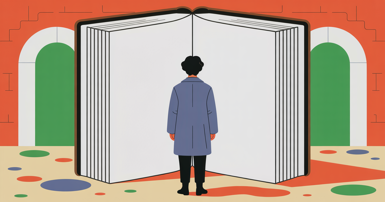 a person standing in front of a gigantic open book with empty pages the book is like a giant wall, and he is looking up. like the huge book is blocking his path